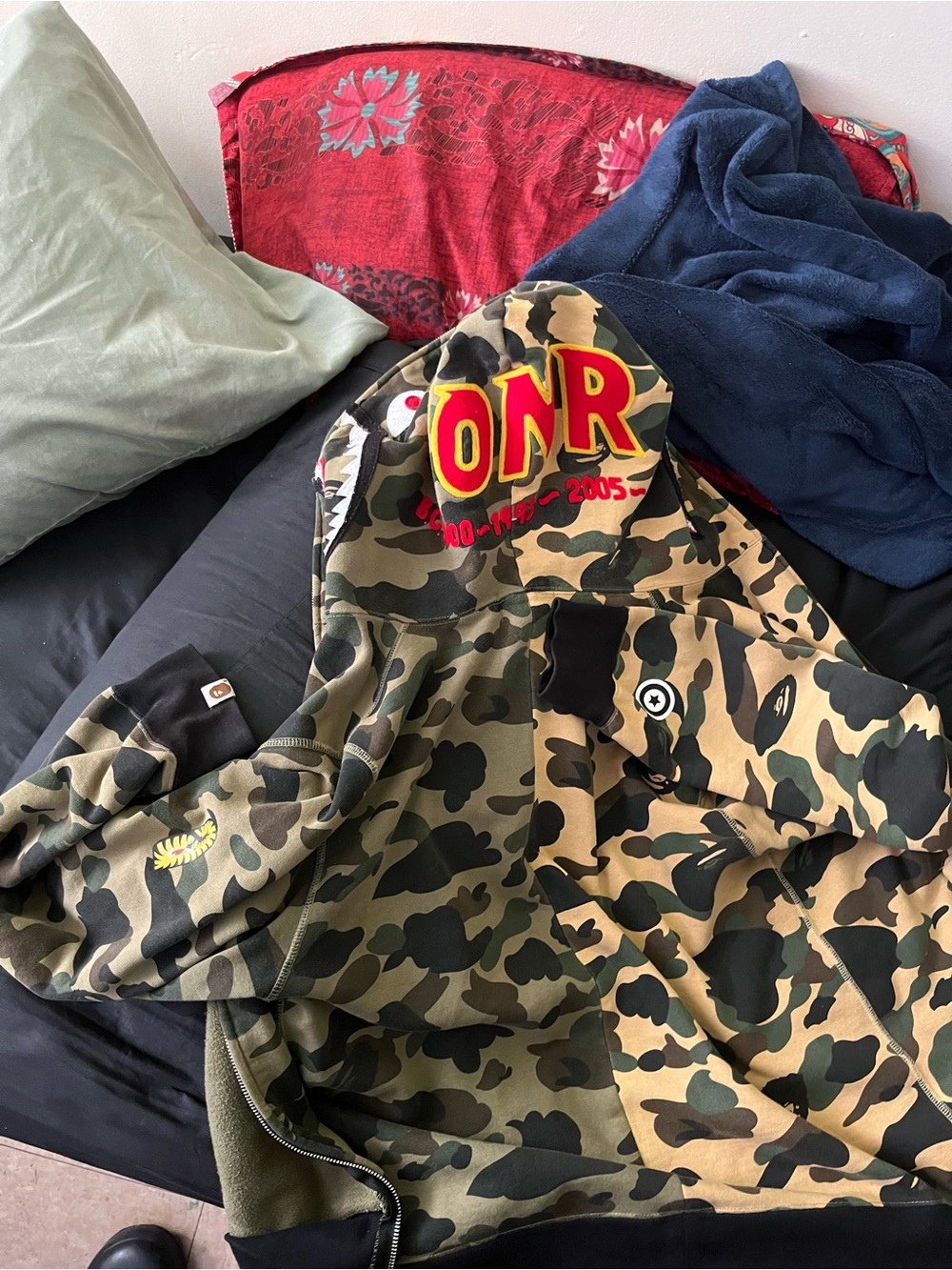 Bape Green Camo Hoodie with Red Yellow 'ONR' Patch